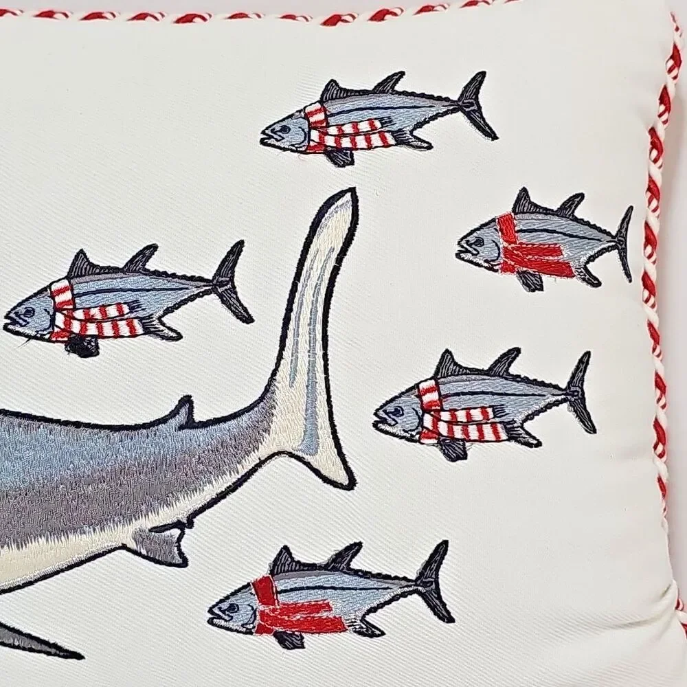 Pier 1 Imports Decorative Christmas Pillow Sharkmas Santa Shark Embroidered Fish